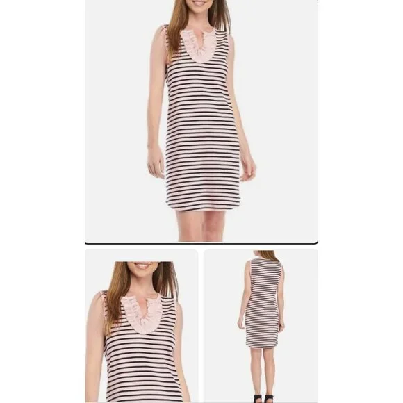 Crown & Ivy Pink & Navy Striped Sleeveless Dress With Ruffle Neckline S - Picture 2 of 6